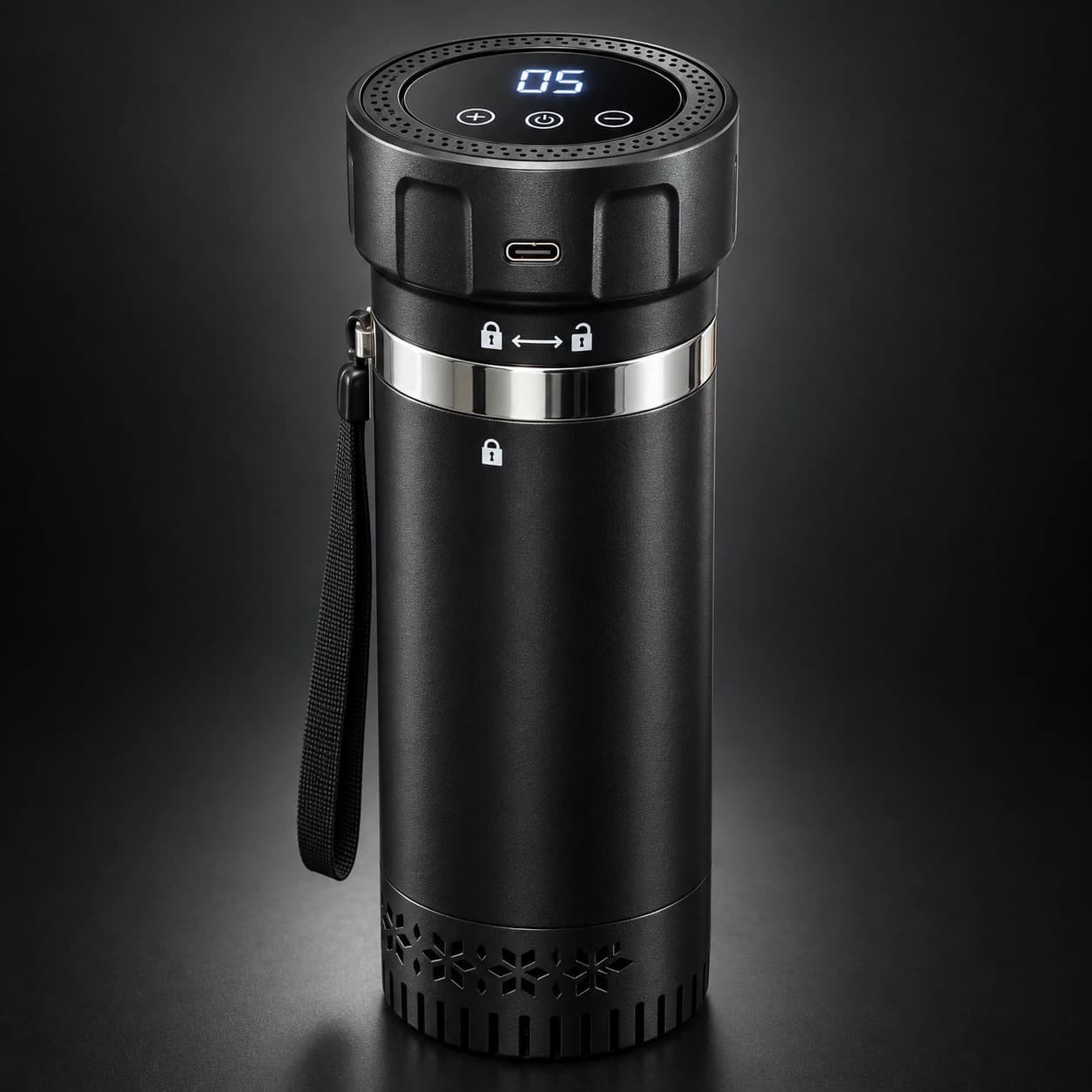 Full black VialFlask Pro showing the illuminated 05 display, USB-C port, lock markings and silver collar