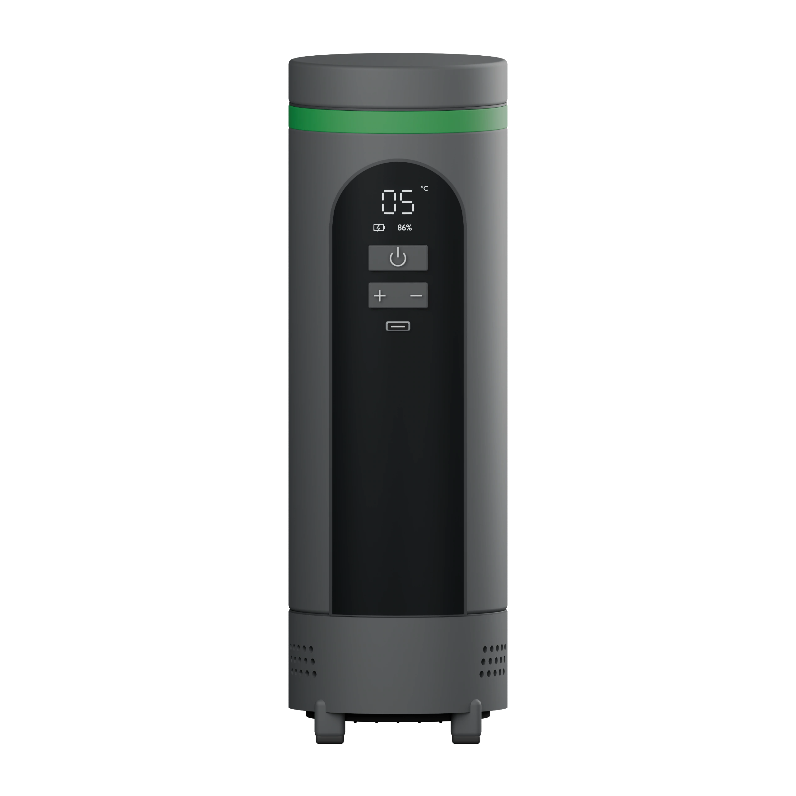 Slim graphite VialFlask Pro with a green ring, arched black front panel and white temperature display