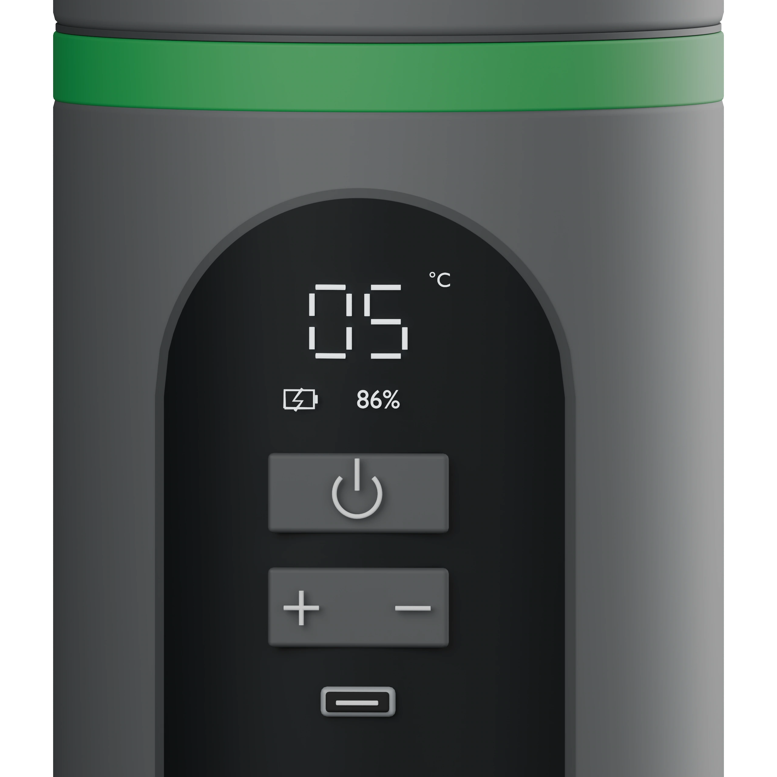 Close-up of the front temperature and battery percentage readout, charging indicator and controls
