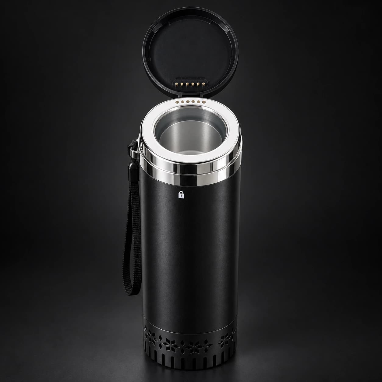 Open VialFlask Pro showing its hinged lid, six electrical contacts, white rim and empty stainless steel chamber